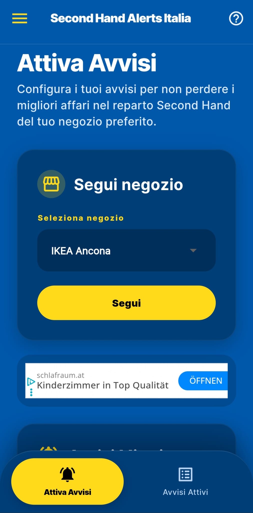 Schermata attiva avvisi e segui negozio