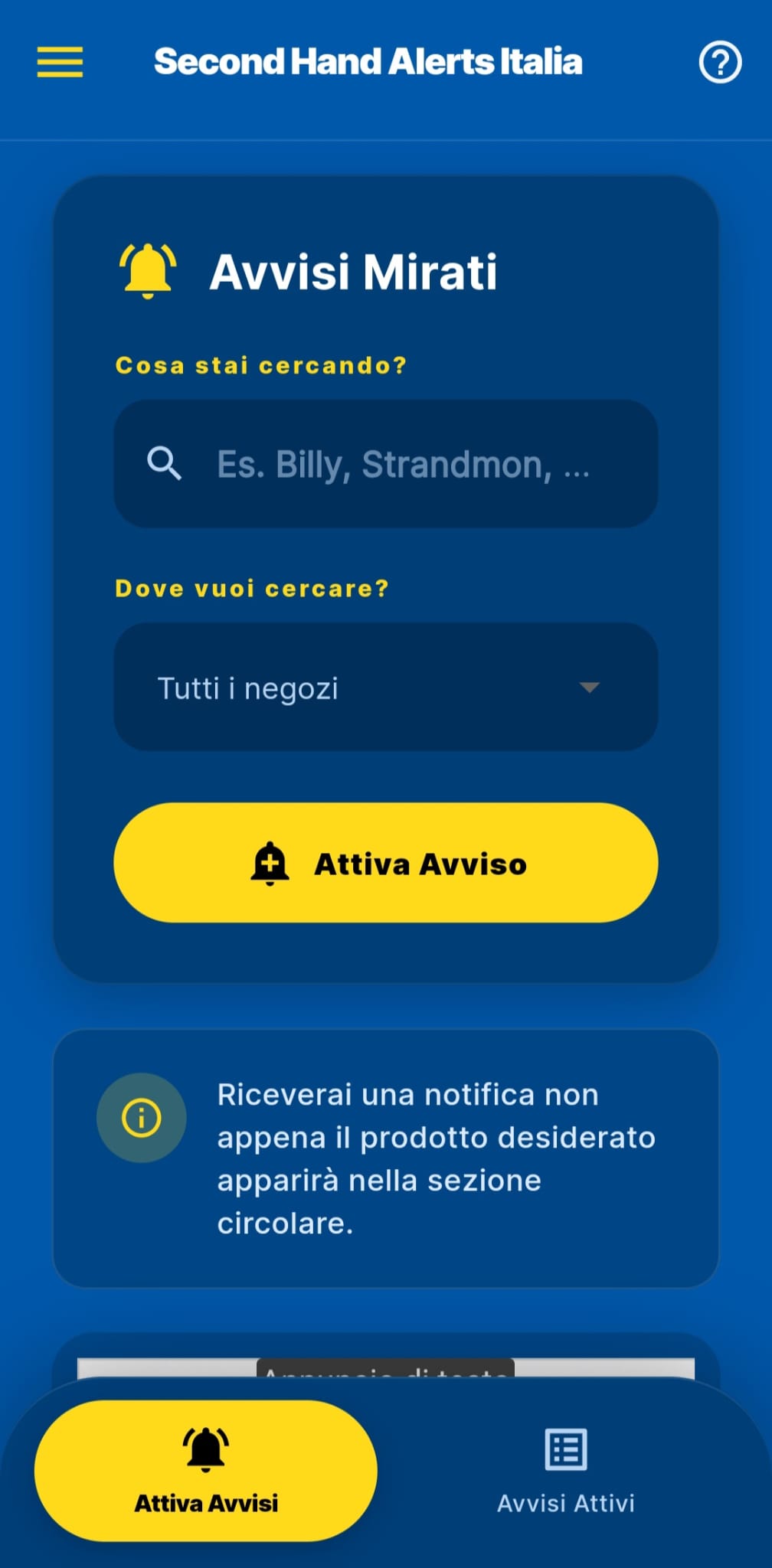 Schermata avvisi mirati per prodotto IKEA
