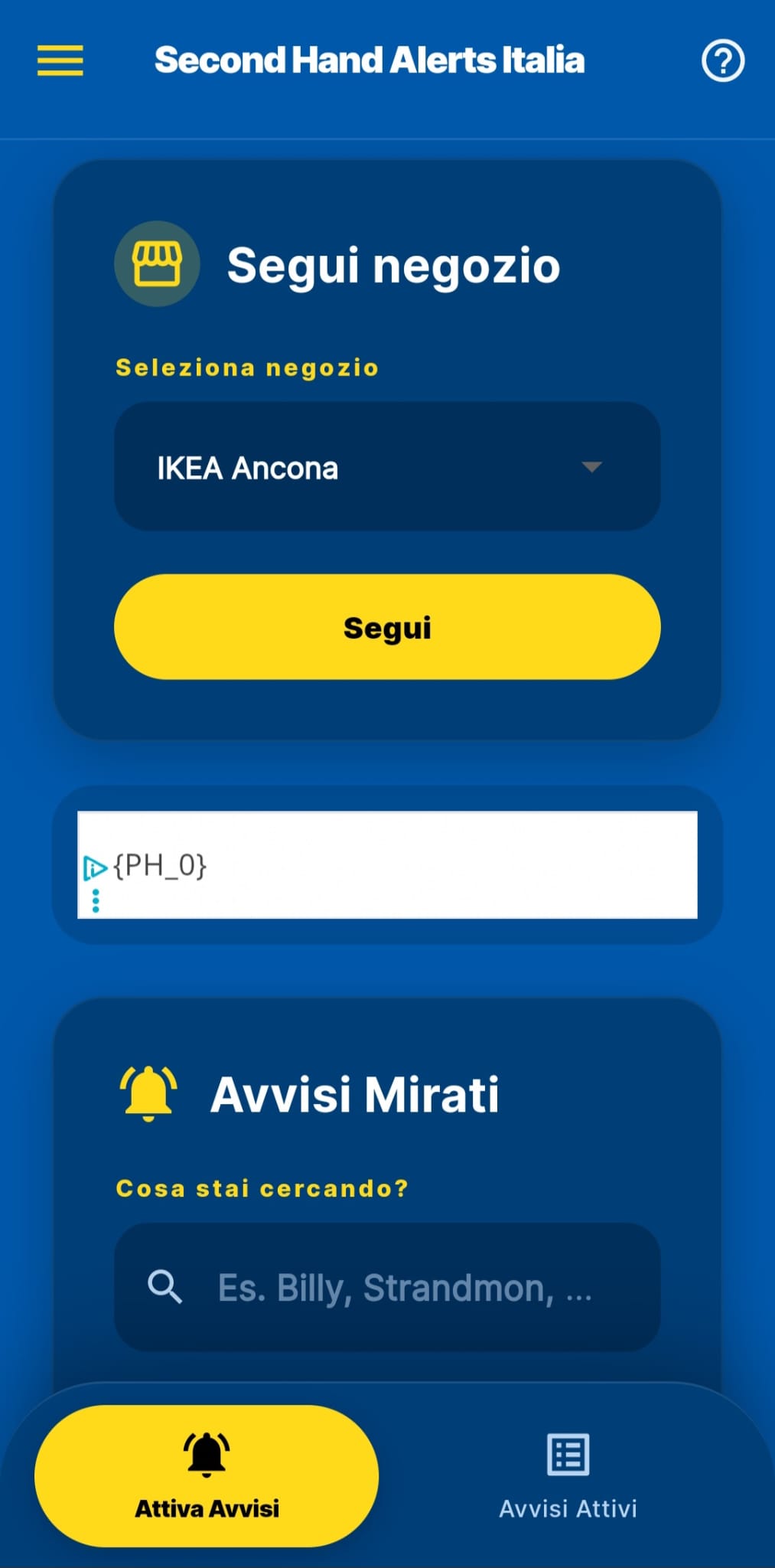 Schermata segui negozio nell'app